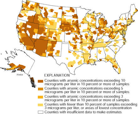 Map of the United States showing location of arsenic concentrations.