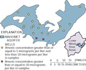 Areas in the Western United States and upper Midwest have relatively high arsenic concentrations in ground water. In Illinois, the dark areas on the map generally indicate the counties overlying the Mahomet aquifer, where water from about 7 percent of wells sampled (2 of 30) exceeded the current MCL (50 µg/L) and 60 percent would exceed the lower MCL. 