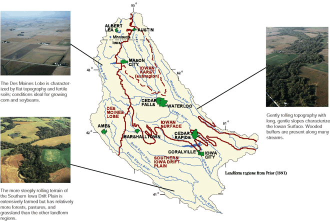 Figure 1. Glacial deposits formed three major landforms with characteristic soils and topography in the Eastern Iowa Basins. Photo upper left conner showing The Des Moines Lobe is characterized by flat topography and fertile soils; conditions ideal for growing corn and soybeans. right side photo showing Gently rolling topography with long, gentle slopes characterize the Iowan Surface. Wooded buffers are present along many streams. Lower left conner photo showing The more steeply rolling terrain of the Southern Iowa Drift Plain is extensively farmed but has relatively more forests, pastures, and grassland than the other landform regions.