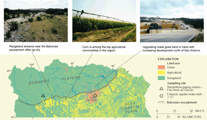 Figure 1. Map showing land use in the Study Unit correlates with physiography. The rugged, thin-soiled terrain of the Edwards Plateau is largely undeveloped. The flatter, thicker-soiled terrain of the Gulf Coastal Plain is better suited to growing cropsprimarily hay, sorghum, wheat, corn, and oats. (Land use from Landsat thematic mapper scenes acquired in 199193 Photograph: Upper left conner photo showing Rangeland streams near the Balcones escarpment often go dry. Top photo showing Corn is among the top agricultural commodities in the region. Upper right conner photo showing Upgrading roads goes hand in hand with increasing development north of San Antonio.