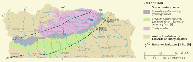 Figure 2. Areal extent of the Edwards and Trinity aquifers sampled during 199698 (modified from [4]). The outcrop of the Edwards aquifer essentially is the recharge zone; the subcrop essentially is the confined zone. The outcrop of the Trinity aquifer is approximately coincident with the Hill Country. The subcrop of the Trinity aquifer (not shown), which extends beneath the Edwards aquifer, is not a source of water supply in the region and was not sampled.