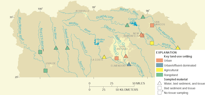 Figure 6. Stream-water sampling in key land-use settings in the Study Unit was done at 9 sites, bed-sediment sampling at 15 sites, and fish-tissue sampling at 14 sites. 