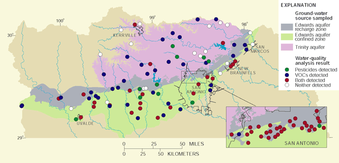 Figure 10. Fifty-eight of the Edwards aquifer wells sampled were in the recharge zone, and 30 were in the confined zone. Most of the recharge-zone wells were for domestic supply or monitoring, and nearly all of the confined-zone wells were for public supply. Almost all of the urban recharge-zone samples contained both pesticides and VOCs. Most of the 31 sampled wells from the upper and middle zones of the Trinity aquifer were for domestic supply. About one-third of the Trinity aquifer samples contained no pesticides or VOCs, and only three samples contained both.