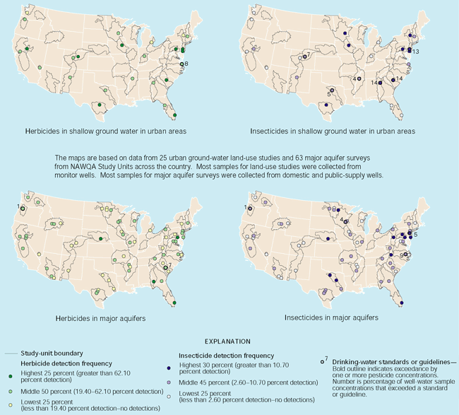 The maps are based on data from 25 urban ground-water land-use studies and 63 major aquifer surveys from NAWQA Study Units across the country. Most samples for land-use studies were collected from monitor wells. Most samples for major aquifer surveys were collected from domestic and public-supply wells. 