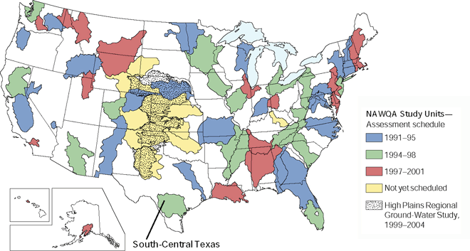 Map showing United State NAWQA Study Units location South-Central Texas.