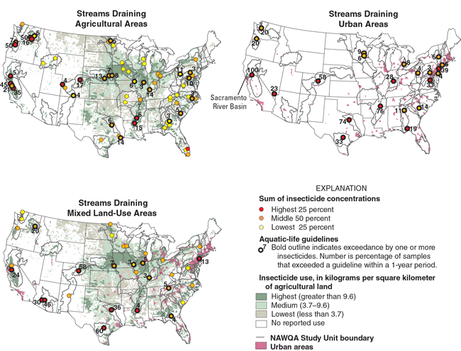 Map showing the United States, indicating Sum of insecticide concentrations, for Agricultural Areas, Urban Areas and Mixed Land-Use Areas.