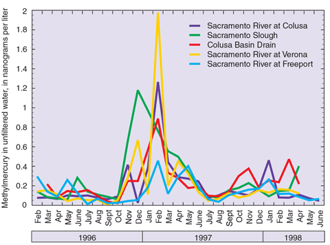 Figure 16. Seasonal changes of methylmercury concentrations. The highest concentrations were measured during high streamflow and following rainfall.