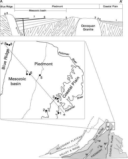 Physiographic provinces of Virginia (Allegheny Plateau, Valley and Ridge, Blue Ridge, Piedmont, and Coastal Plain) and in field trip area, and generalized cross section A-A' of field trip. For a more detailed explanation, contact Scott Southworth at ssouthwo@usgs.gov or Bill Burton at bburton@usgs.gov