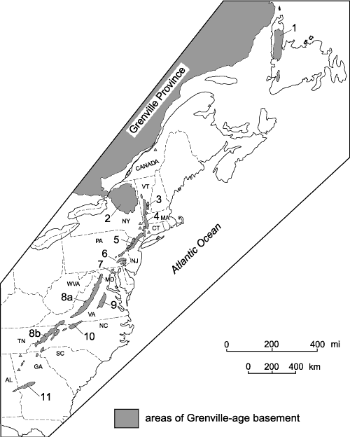 Map showing locations of major occurrences of Grenville-age basement in eastern North America. For a more detailed explanation, contact Richard Tollo at rtollo@gwu.edu.