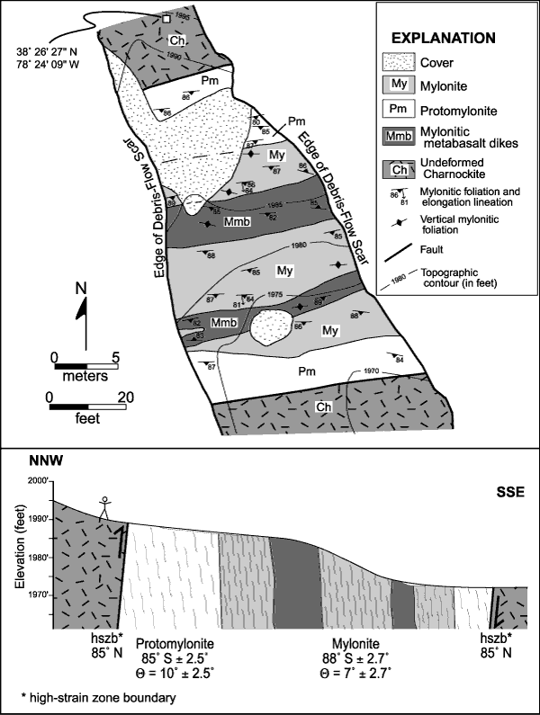 Detailed geologic map showing ~30-m (100-ft)-wide high-strain zone exposed in debris-flow scar at Stop
18.For a more detailed explanation, contact Richard Tollo at rtollo@gwu.edu