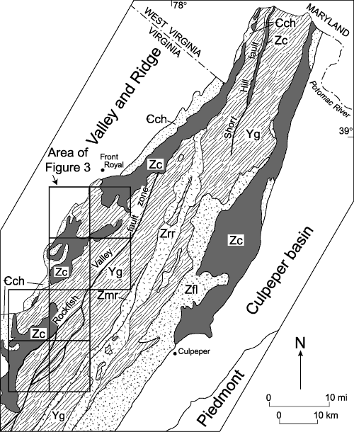 Generalized geologic map of the northern Blue Ridge anticlinorium in Virginia. For a more detailed explanation, contact Richard Tollo at rtollo@gwu.edu