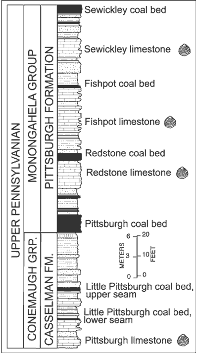 Diagram showing stratigraphic section, Upper Pennsylvanian Monongahela and Conemaugh Groups. For a more detailed explanation, contact Blaine Cecil at bcecil@usgs.gov