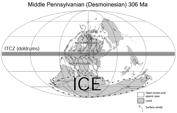 Conceptual model of
Middle Pennsylvanian surface winds over Pangea during glacial
intervals. For a more detailed explanation, contact Blaine Cecil at bcecil@usgs.gov