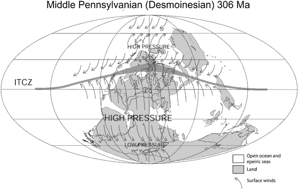 Conceptual
model of Middle Pennsylvanian surface winds over Pangea during
interglacial intervals. For a more detailed explanation, contact Blaine Cecil at bcecil@usgs.gov