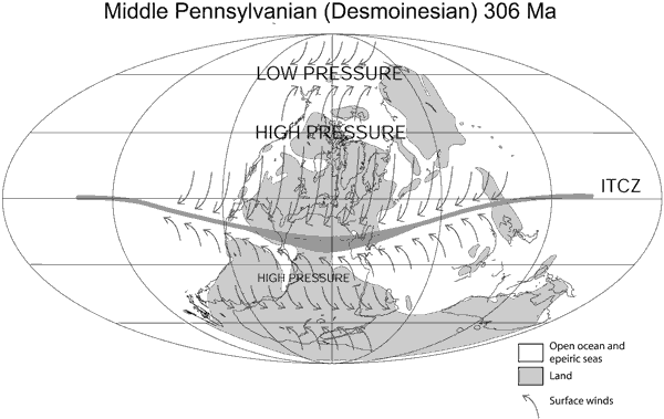 Conceptual
model of Middle Pennsylvanian surface winds over Pangea during
interglacial intervals For a more detailed explanation, contact Blaine Cecil at bcecil@usgs.gov