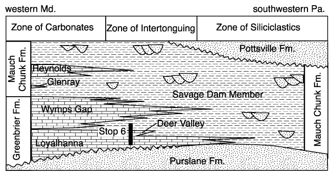 Regional stratigraphic relations of the Mauch Chunk and Greenbrier Formations. For a more detailed explanation, contact Blaine Cecil at bcecil@usgs.gov