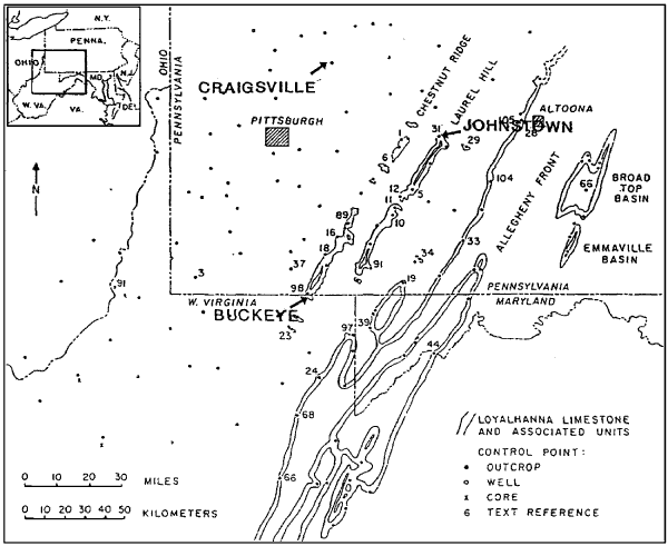 Map of Loyalhanna Limestone and associated units, showing outcrop, well, and
       core occurrences. For a more detailed explanation, contact Blaine Cecil at bcecil@usgs.gov