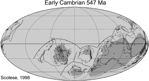 Map showing paleogeographic reconstruction of how the continents might have appeared during the Early Cambrian. For a more detailed explanation of this diagrams, contact Blaine Cecil at bcecil@usgs.gov