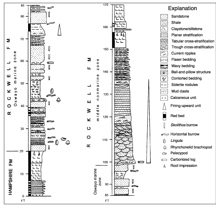 Measured section of upper Hampshire Formation and lower Rockwell Formation along Interstate 68 at Finzel Road interchange,
Garrett County, Maryland. For a more detailed explanation, contact Blaine Cecil at bcecil@usgs.gov