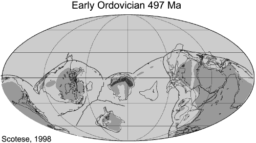 Map showing a paleogeographic reconstruction of how the continents might have appeared during the Early Ordovician. For a more detailed explanation, contact Blaine Cecil at bcecil@usgs.gov