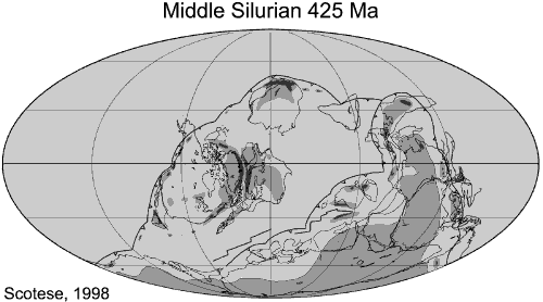 Map showing a paleogeographic reconstruction of how the continents might have appeared during the Middle Silurian. For a more detailed explanation, contact Blaine Cecil at bcecil@usgs.gov