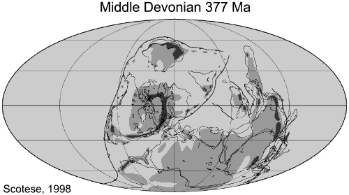 Map showing paleogeographic reconstruction of how the continents might have appeared during the Middle Devonian. For a more detailed explanation, contact Blaine Cecil at bcecil@usgs.gov