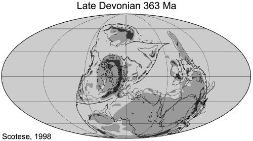 Map showing paleogeographic reconstruction showing how the continents might have appeared during the Late Devonian (363 Ma). For a more detailed explanation, contact Blaine Cecil at bcecil@usgs.gov