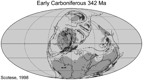Map showing paleogeographic reconstruction showing how the continents might have appeared during the Early Carboniferous. For a more detailed explanation, contact Blaine Cecil at bcecil@usgs.gov