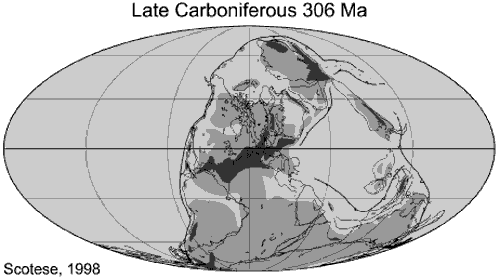 Map showing paleogeographic reconstruction showing how the continents might have appeared during the Late Carboniferous. For a more detailed explanation, contact Blaine Cecil at bcecil@usgs.gov