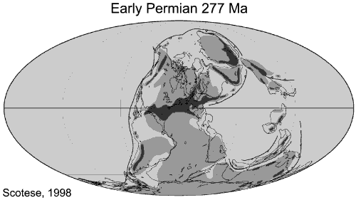 Map showing paleogeographic reconstruction showing how the continents might have appeared during the Early Permian. For a more detailed explanation, contact Blaine Cecil at bcecil@usgs.gov