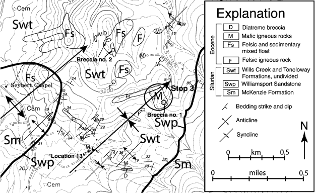 Bedrock geology of the area surrounding Stop 3 (the Beverage Farm), modified from Tso and Surber (2002). For a more detailed explanation, contact Jonathan Tso at jtso@radford.edu.