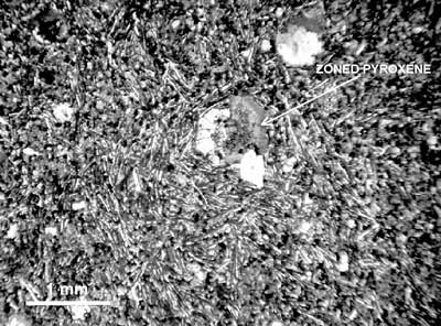 Photomicrograph of amygdaloidal basalt from Sugar Grove, Stop 7. For a more detailed explanation, contact Jonathan Tso at jtso@radford.edu.