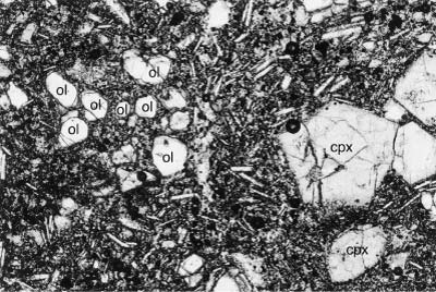 Photomicrograph of a porphyritic-aphanitic basalt. For a more detailed explanation, contact Jonathan Tso at jtso@radford.edu.