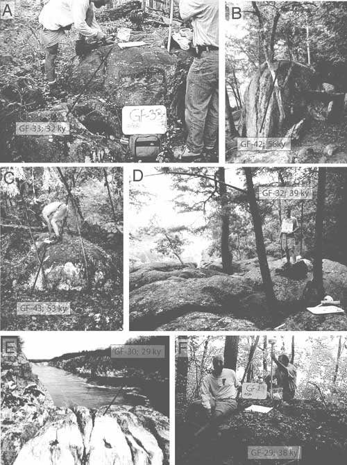 Photographs showing sample sites on the Bear Island strath terrace surface, downstream of Great Falls. For a more detailed explanation, contact Paul Bierman at pbierman@zoo.uvm.edu.
