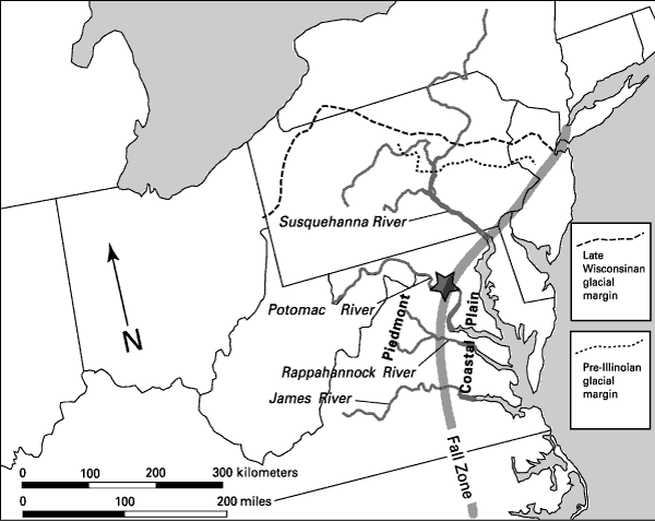 Index map of the Eastern United States showing the location of the field trip (star) near Great Falls of the Potomac River. For a more detailed explanation, contact Paul Bierman at pbierman@zoo.uvm.edu.