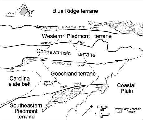 Map showing geologic terranes and their boundaries in central Virginia. For a more detailed explanation, contact David Spears at david.spears@dmme.virginia.gov.