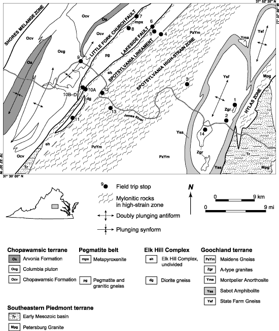Generalized geologic map of the central Virginia Piedmont showing locations of field trip stops. For a more detailed explanation, contact David Spears at david.spears@dmme.virginia.gov.