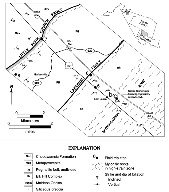 Generalized geologic map along I-64 and U.S. 250 in Goochland and Louisa Counties, Va., showing the locations of Stops 4 through 8. For a more detailed explanation, contact David Spears at david.spears@dmme.virginia.gov.
