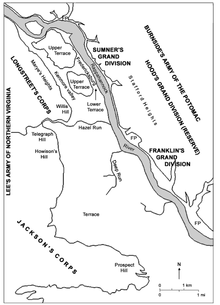 Map showing the distribution of major terrain features in the vicinity of Fredericksburg
	   and the two armies on the battlefield. For a more detailed explanation, contact Judy Ehlen at 1408 William Street, Fredericksburg, VA 22401.