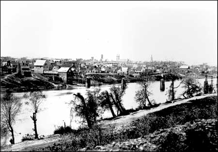 Historical photograph of Fredericksburg from the east bank of the Rappahannock
	   River, looking northwest, in 1863. For a more detailed explanation, contact Judy Ehlen at 1408 William Street, Fredericksburg, VA 22401.