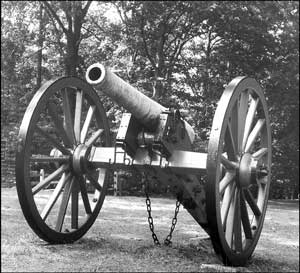 Photograph of cast bronze 14-pounder (3.8-in) James rifle at Prospect Hill. For a more detailed explanation, contact Judy Ehlen at 1408 William Street, Fredericksburg, VA 22401.