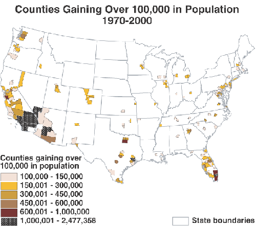 Figure 6.  Counties Gaining Over 100,000 in Population 1970-2000