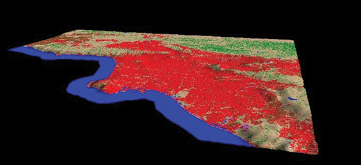 Figure 9.   The Los Angeles basin was nearly fully urbanized by the early 1990s. This image was produced by combining the National Land Cover Dataset and the National Elevation Dataset for this area. Land cover classes have been collapsed into six categories: Red-developed, Tan-shrubland/grassland, Green-forest, Brown-agriculture, Magenta-transitional, and Blue-water. The elevation is exaggerated by a factor of 10, and the viewing position is at 6,000 meters above the Pacific Ocean to the south.