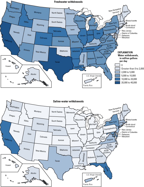 map and graph of data from Table 1--Fresh and saline water withdrawals, 2000