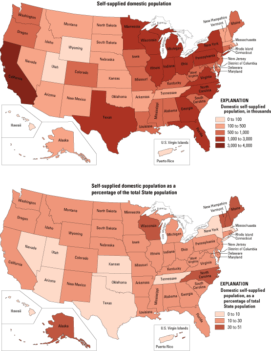 maps of data from Table 6--Self-supplied domestic population, and self-supplied domestic 
population as a percentage of total population, 2000 by State