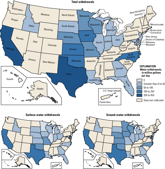 maps of data from Table 8--livestock total, ground-water, and surface-water withdrawals by State