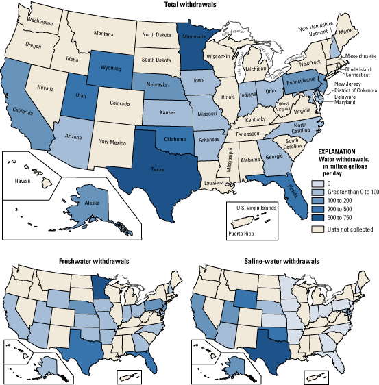 maps of data from Table 11--mining total, freshwater, and saline-water withdrawals by State, 2000