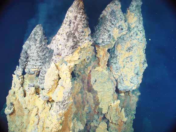 underwater photograph of spires of mineralized rock