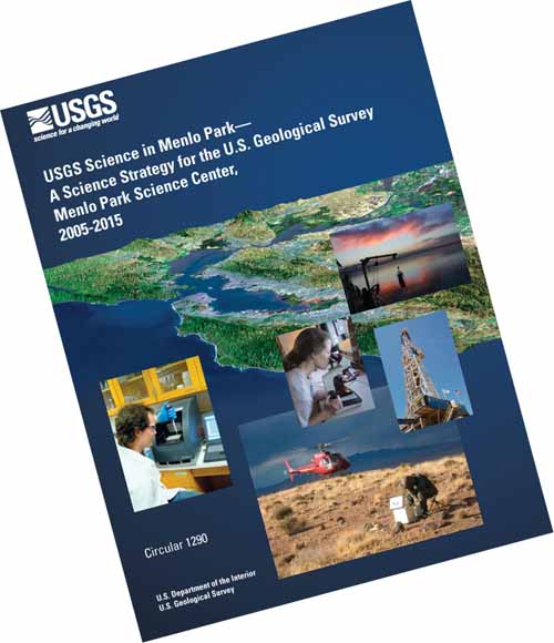cover showing oblique map and five photos:  lab worker, marine sampler, microscope user, helicopter-assisted field worker, and drill rig