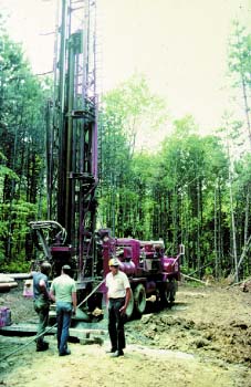 Photograph of a truck-mounted, mobile, core-drilling rig on location in the process of collecting core of the Upper Freeport coal bed in western Pennsylvania
